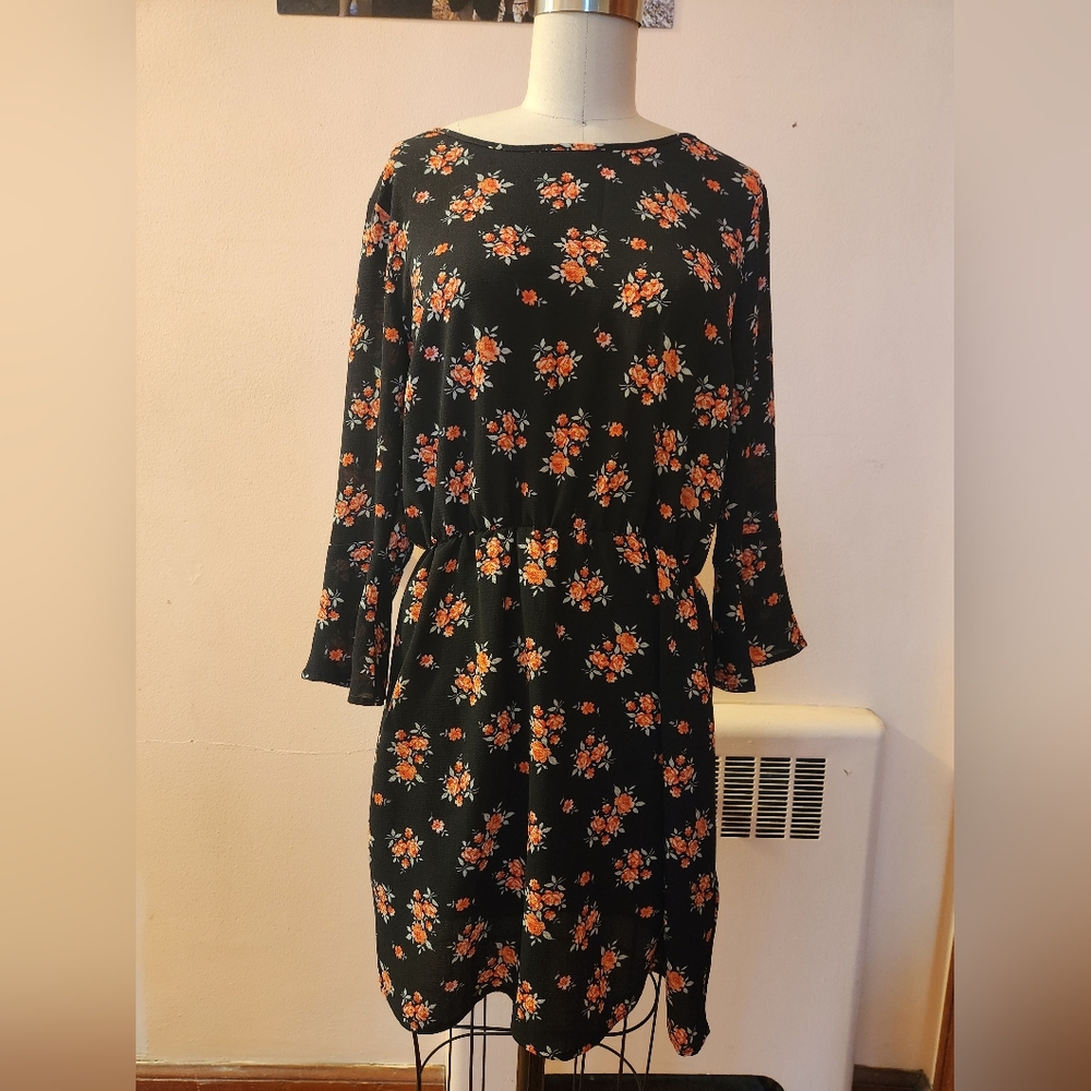 H&M Black Dress with Orange Floral Pattern